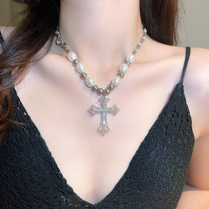 Pearl Cross Pendant Necklace - Hip Hop Retro Religious Jewelry