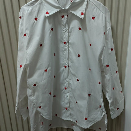 Spring & Autumn Women's Blouse - White Heart Turn-Over Collar Shirt