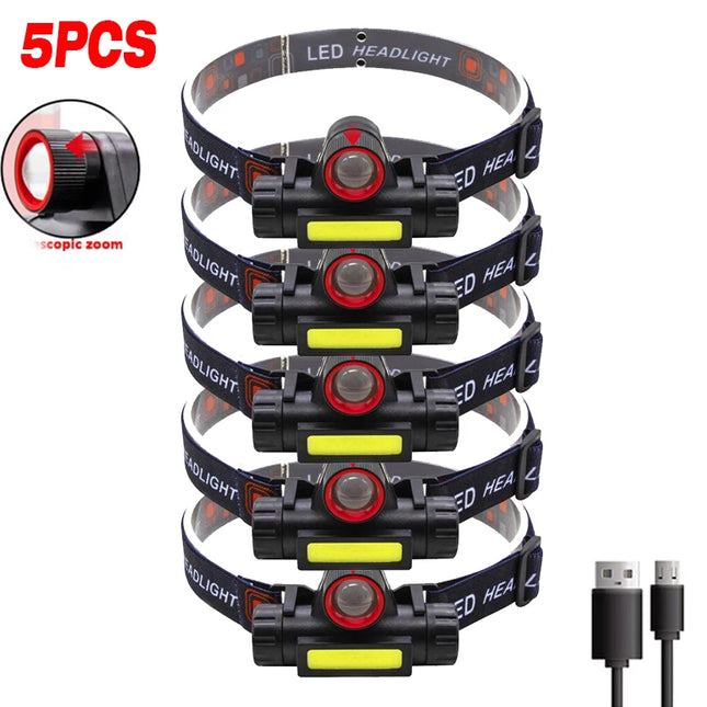 Portable Mini LED Headlamp - XPE + COB, USB Rechargeable