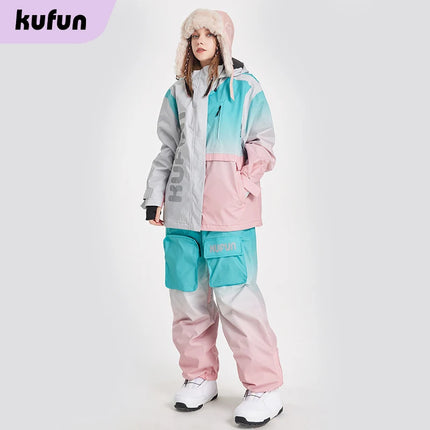 Gradient Ski Suit Girl Waterproof  Warm Loose Cotton Clip Snowboard Pink Purple Woman Adult Men Winter Outdoor Jacket Coat Pants