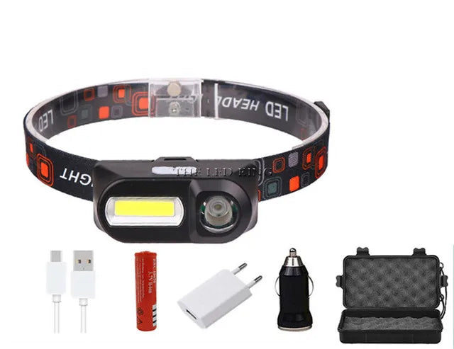 XP-G Q5 Waterproof Headlamp - 2500lm COB LED, USB Rechargeable, 14450 Battery