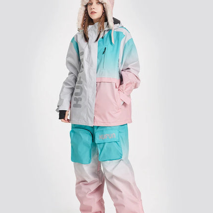 Gradient Ski Suit Girl Waterproof  Warm Loose Cotton Clip Snowboard Pink Purple Woman Adult Men Winter Outdoor Jacket Coat Pants