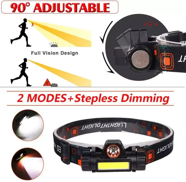 Portable Mini LED Headlamp - XPE + COB, USB Rechargeable