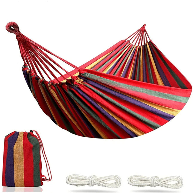 Single wide thick canvas hammock, perfect for outdoor camping and leisure.