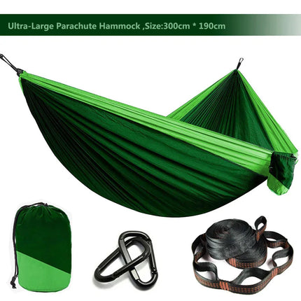 Solid color parachute hammock for two, includes hammock straps and black carabiner.