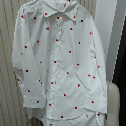 Spring & Autumn Women's Blouse - White Heart Turn-Over Collar Shirt
