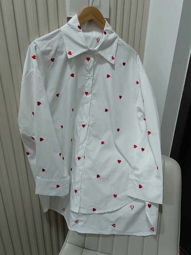 Spring & Autumn Women's Blouse - White Heart Turn-Over Collar Shirt