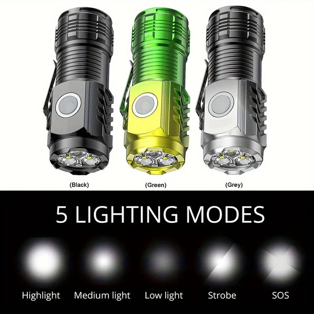 Tactical mini LED flashlight with 3 LEDs, clip, and magnet.
