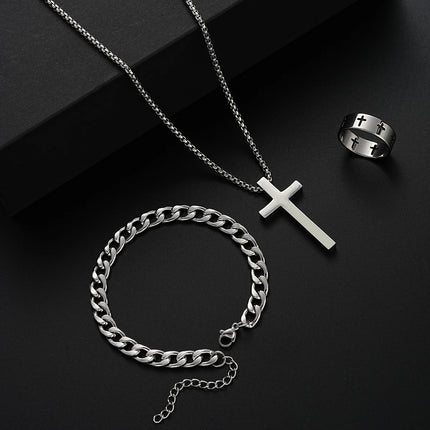 Stainless Steel Jewelry Set - Retro Bracelet, Necklace & Ring