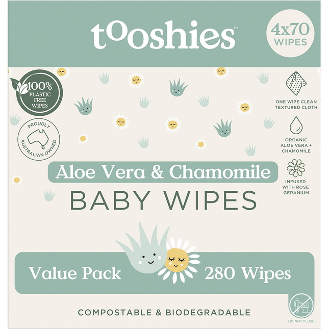 Tooshies Eco Wipes Value Pack Aloe Vera & Chamomile 4 x 70 Pack