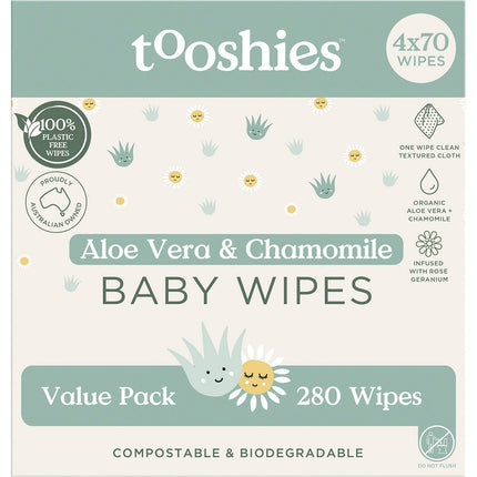 TOOSHIES Eco Wipes Value Pack Aloe Vera & Chamomile 4x70pk | Body & Skin Oil