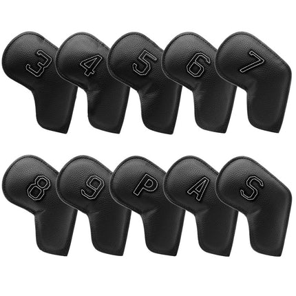 Black Golf Iron Head Covers Set of 10 - Waterproof PU Leather Club Protectors with Embroidered Numbers (3-9, P, A, S)