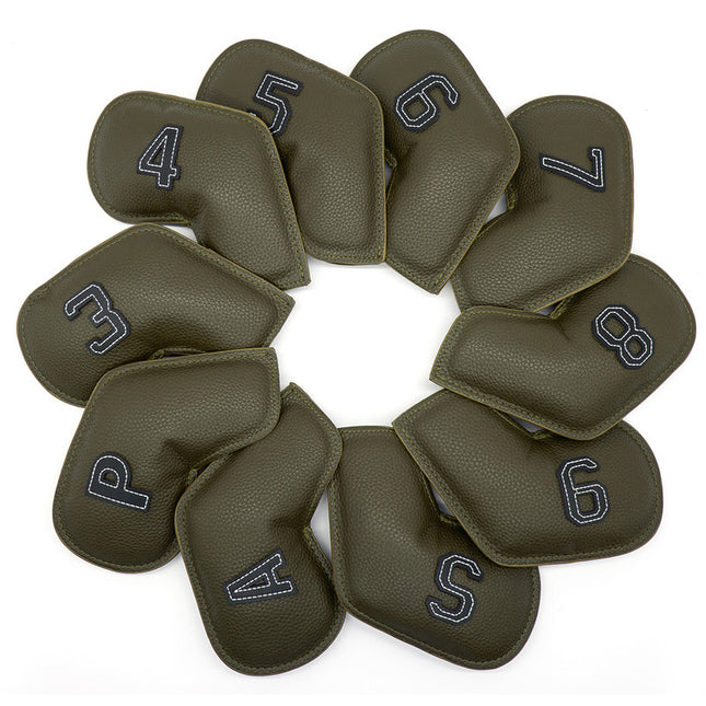 Gray Green Golf Iron Head Covers Set of 10 - Waterproof PU Leather Club Protectors with Embroidered Numbers (3-9, P, A, S)