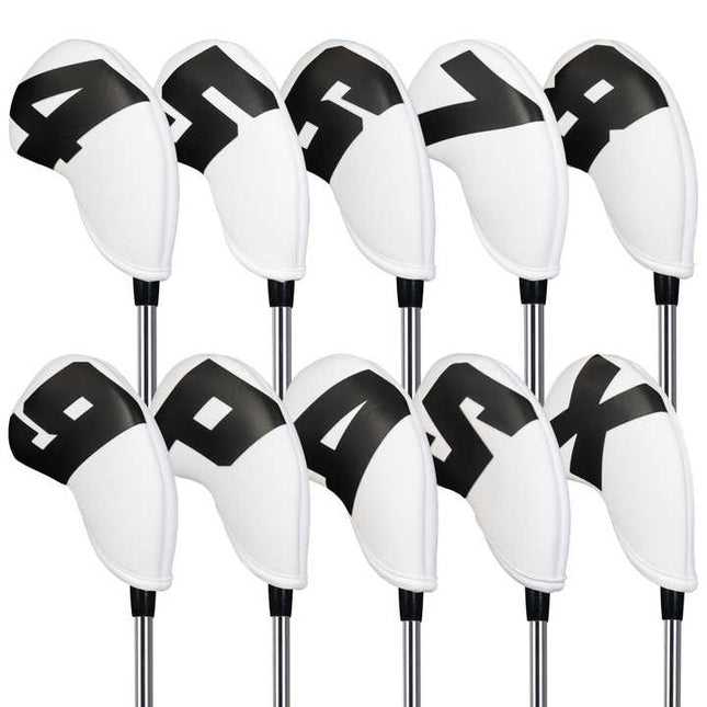 Black Words On White Background PU Leather Golf Iron Headcovers Set (10pcs) - Numbered Protective Club Covers (4-9, P, A, S, L) Universal Fit