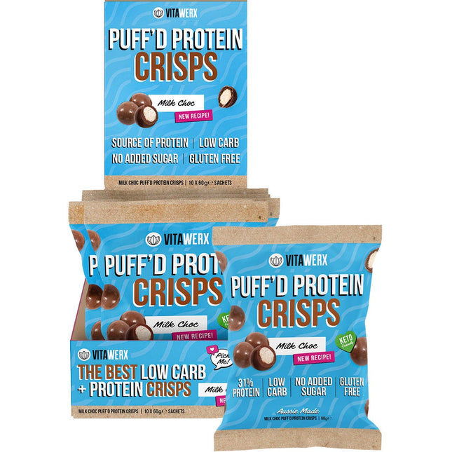 VITAWERX Puff'd Protein Crisps Milk Choc 10x60g | Snack Chips