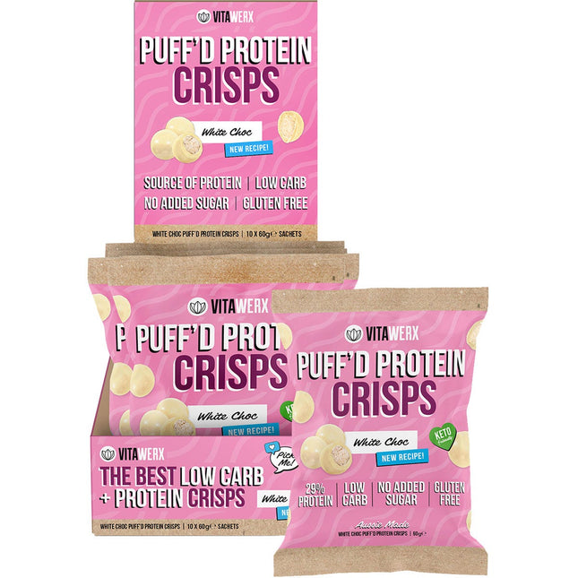 VITAWERX Puff'd Protein Crisps White Choc 10x60g | Snack Chips