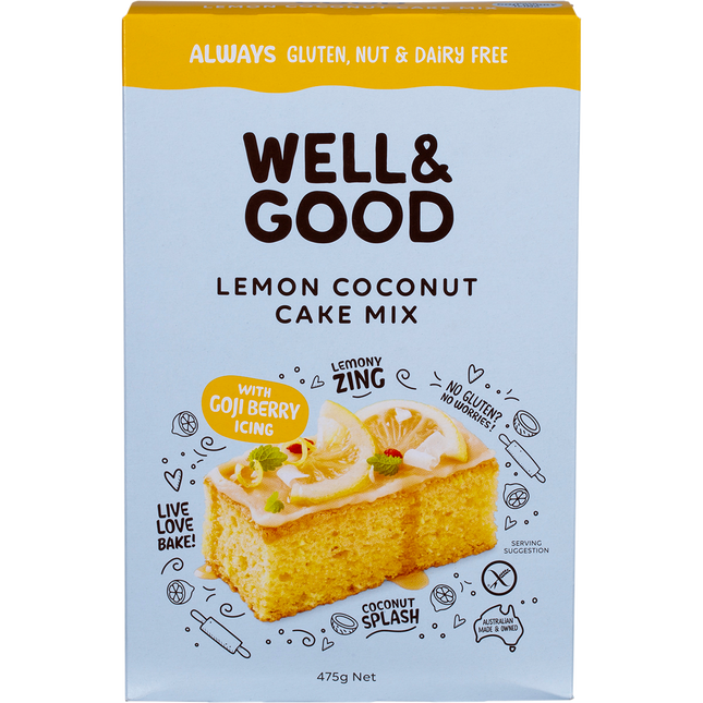 Well & Good Lemon Coconut Cake Mix with Goji Berry Icing 475g