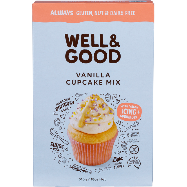 Well & Good Vanilla Cupcake Mix with Icing and Sprinkles 510g