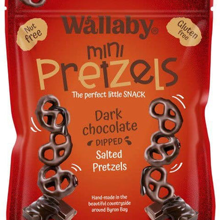 WALLABY MINI PRETZELS DARK CHOCOLATE DIPPED SALTED PRETZELS G/F 100G