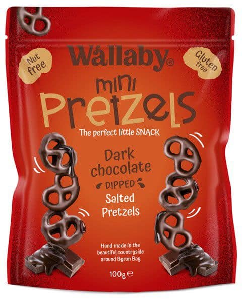 WALLABY MINI PRETZELS DARK CHOCOLATE DIPPED SALTED PRETZELS G/F 100G