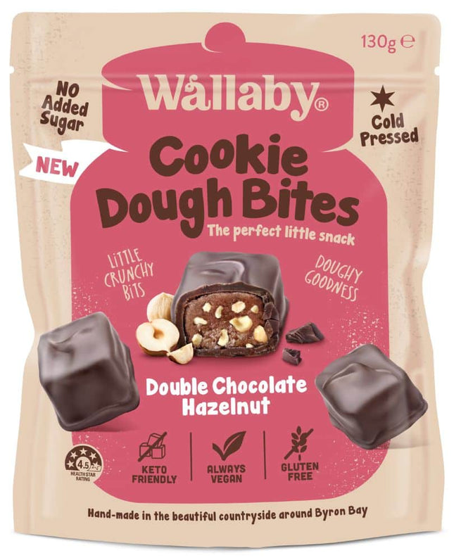 WALLABY COOKIE DOUGH BITES DOUBLE CHOC HAZELNUT G/F 130G
