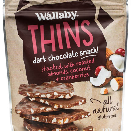 WALLABY THINS DARK CHOCOLATE SNACK WITH ROASTED ALMONDS,COCONUT & CRANBERRIES G/F 130G