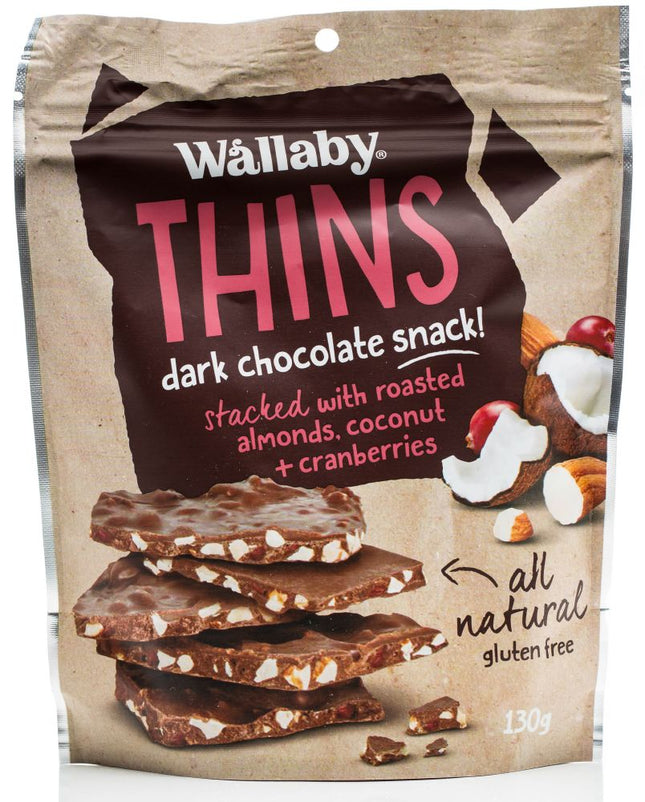 WALLABY THINS DARK CHOCOLATE SNACK WITH ROASTED ALMONDS,COCONUT & CRANBERRIES G/F 130G