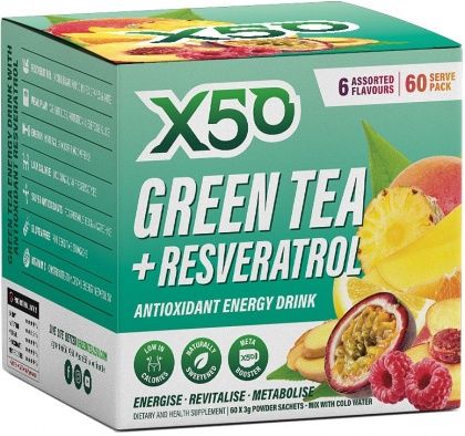 X50 GREEN TEA + RESVERATOL ASSORTED 6 FLAVOUR 60 SACHETS