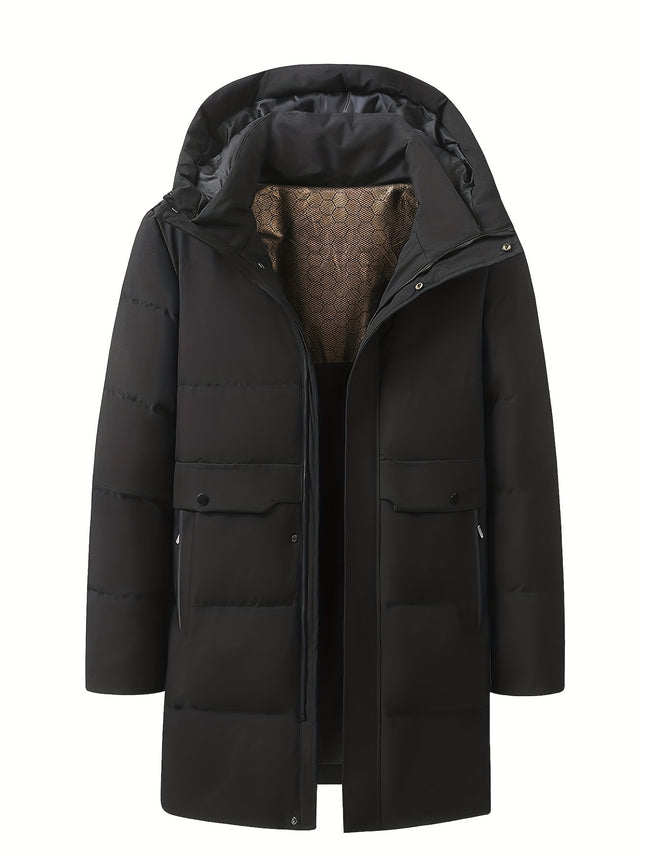 Men's Winter Warm Hooded Coat - Mid-Length, Windproof, Thickened Polyester Jacket, Solid Color, Regular Fit