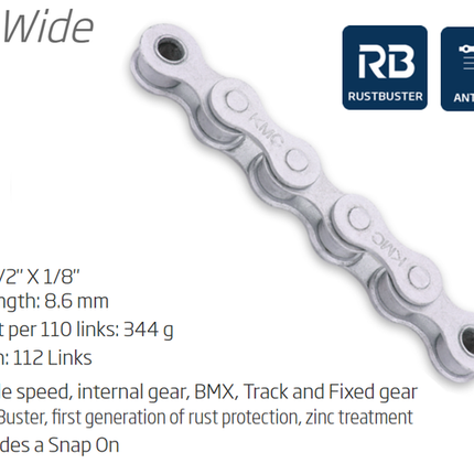 CHAIN - Single Speed - KMC S1 - 112L - GREY - Rust Buster - w/Connect Link