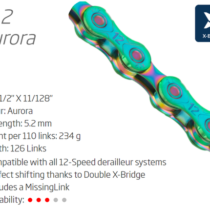 CHAIN - 12 Speed - KMC X12 - 126L - ( SRAM non T, SHIM, TRP AND CAMPY compatable ) AURORA Green (Limited Edition) - X-Series - w/Connect Link