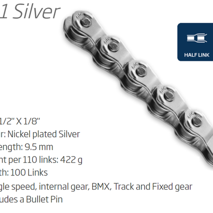 CHAIN - Single Speed - KMC HL1 - 100L - SILVER - w/Connect Pin - (Half Link Chain)