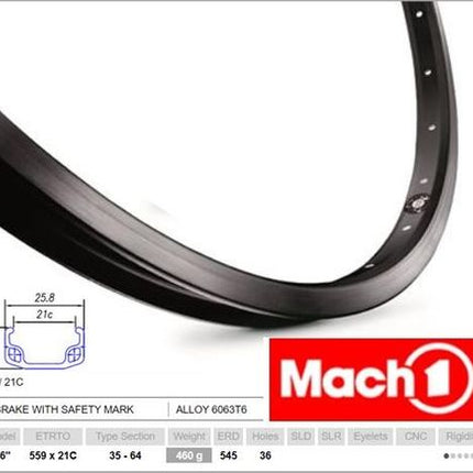 BICYCLE PARTS - RIM 26 X 21MM - MACH1 110 - 36H - (559 X 21) - SCHRADER VALVE - RIM BRAKE - S/W - BLACK - (ERD - 545)