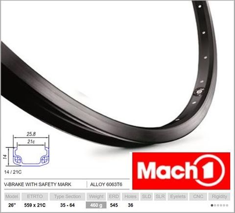 BICYCLE PARTS - RIM 26 X 21MM - MACH1 110 - 36H - (559 X 21) - SCHRADER VALVE - RIM BRAKE - S/W - BLACK - (ERD - 545)