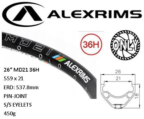 BICYCLE PARTS - RIM 26 X 21MM - ALEX MD21 - 36H - (559 X 21) - SCHRADER VALVE - DISC BRAKE - D/W - BLACK - EYELETED - TUBELESS READY - (REQUIRES AV TUBELESS VALVE)