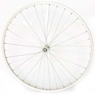 BICYCLE PARTS - WHEEL - FRONT, 27 X 1 1/4 NUTTED ALLOY RIM, 100MM OLD 5/16 AXLE SILVER STEEL HUB, S/S SPOKES (READY BUILT - NO MATCHING REAR AVAILABLE)