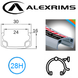 BICYCLE PARTS - RIM 16 X 24MM - ALEX Y303 - 28H - (305 X 24) - SCHRADER VALVE - RIM BRAKE - S/W - SILVER - (ERD 296)