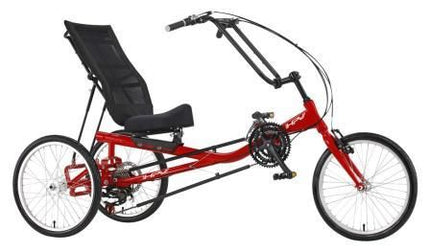 BICYCLE PARTS - REHATRI RECUMBENT TRIKE, PEDAL VERSION, 16 FRONT AND 20 REAR WHEEL SIZE, 350MM STEP THROUGH HEIGHT, RED
