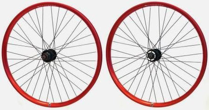 Red 26-inch Tubeless Ready Bicycle Wheelset With Black Hub And Spokes - Velocity Blunt 35 Rim - Disc Brake Compatible - Sold As Pair