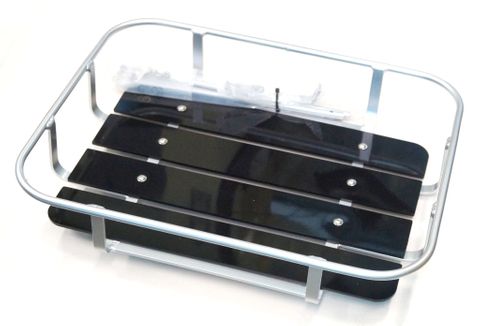 BICYCLE PARTS - BASKET - FRONT, TRAY STYLE, PLASTIC SLATS ON ALLOY FRAME, WITH HANDLE, SILVER, 50CM X 39CM X 8CM, SUPPLIED WITH FITTINGS