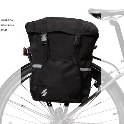 BICYCLE PARTS - SAHOO SINGLE PANNIER BAG, 15L, HOOK AND VELCRO FASTENING, , WATER RESISITANT H40/W30/D13CM, BLACK WITH SAHOO LOGO