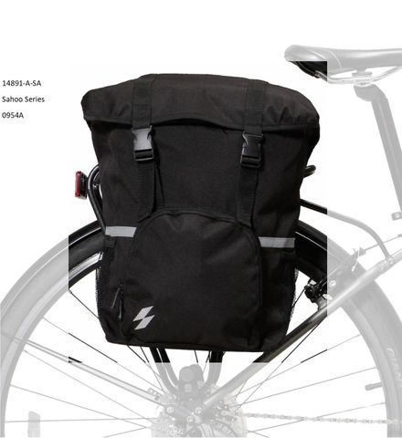 BICYCLE PARTS - SAHOO SINGLE PANNIER BAG, 15L, HOOK AND VELCRO FASTENING, , WATER RESISITANT H40/W30/D13CM, BLACK WITH SAHOO LOGO
