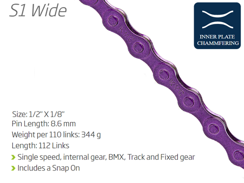 BICYCLE PARTS - CHAIN - SINGLE SPEED - KMC S1 - 112L - PURPLE - W/CONNECT LINK