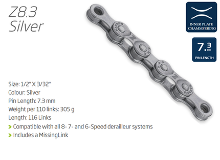 KMC Z8.3 Bicycle Chain 116 Links For 6-8 Speed Bikes Silver W/connect Link High Performance Cycling Drivetrain Component