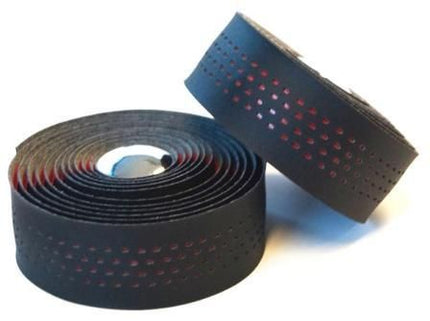 BICYCLE PARTS - HANDLEBAR CUSHION TAPE, BLACK MICROFIBRE + RED SHOCKPROOF GEL, W PLUGS