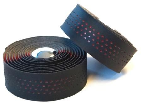 BICYCLE PARTS - HANDLEBAR CUSHION TAPE, BLACK MICROFIBRE + RED SHOCKPROOF GEL, W PLUGS