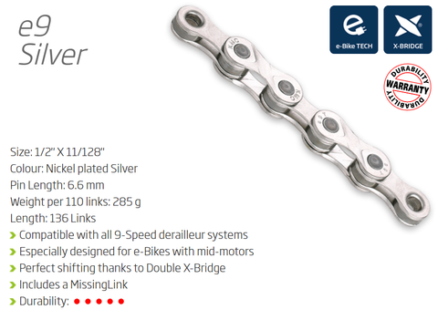 BICYCLE PARTS - CHAIN - 9 SPEED - KMC E9 - 136L - SILVER - W/CONNECT LINK - EXTRA LONG - (EBIKE CHAIN, HIGHER PIN POWER FOR E - BIKE TORQUE)
