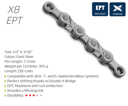 KMC X8 EPT 8 Speed Chain 116 Links Silver Ecopro TEQ Coating With Connect Link For Cycling Drivetrain Parts