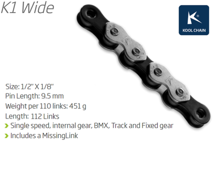 BICYCLE PARTS - CHAIN - SINGLE SPEED - KMC K1 - 112L - SILVER/BLACK - W/CONNECT LINK, 1/2 X 1/8 X 112L