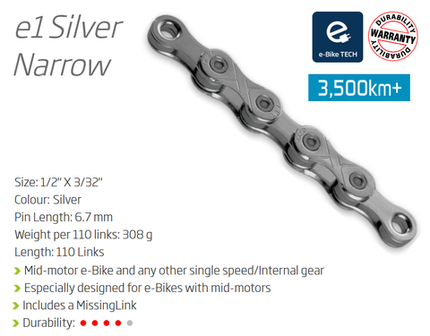 BICYCLE PARTS - CHAIN - SINGLE SPEED - KMC E1 - 110L - SILVER - W/CONNECT LINK - (EBIKE CHAIN, HIGHER PIN POWER FOR E - BIKE TORQUE)